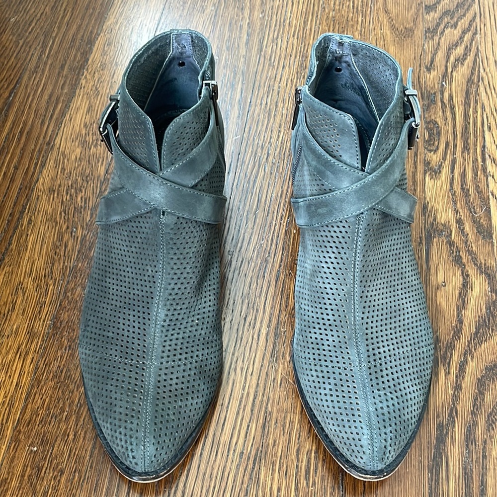 Vince Camuto grey booties with buckle and low heel.